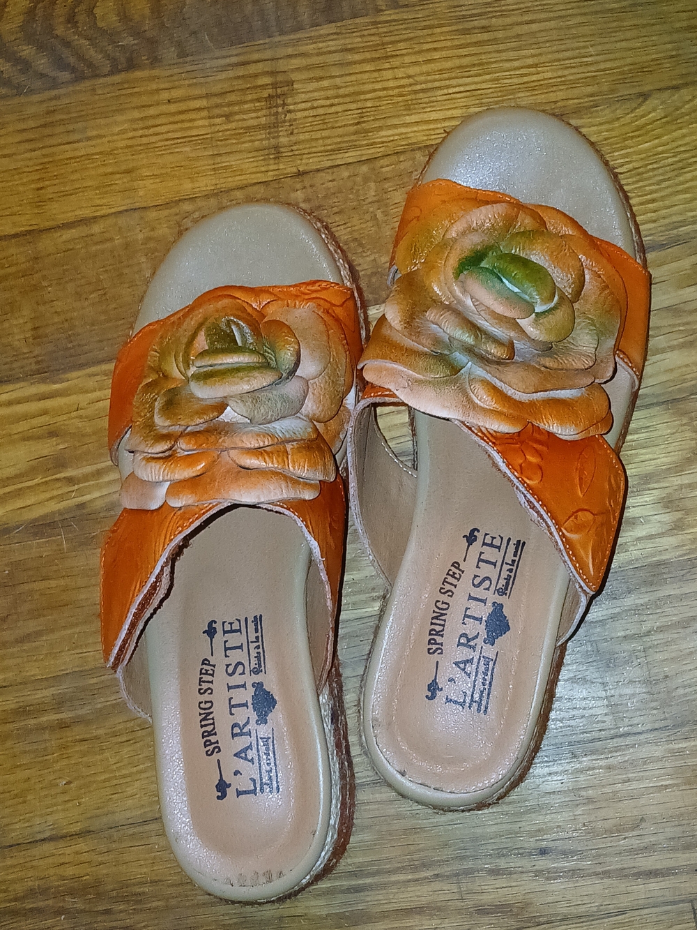 L'ATISTE Orange Slide Sandals with Floral Applique